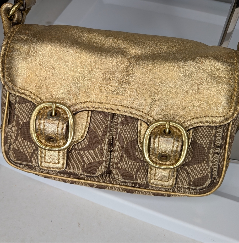 Coach Bleeker Crossbody Bag Jessie Signature Gold Tan Mini Messenger Buckle Y2K - Picture 5 of 16